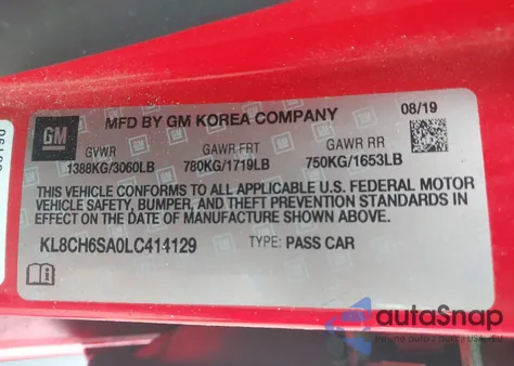 2020 Chevrolet Spark Fwd Activ Automatic из США, поврежденный, VIN KL8CH6SA0LC414129